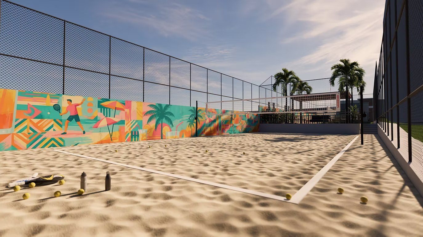 Quadra de beach tennis com mural artístico