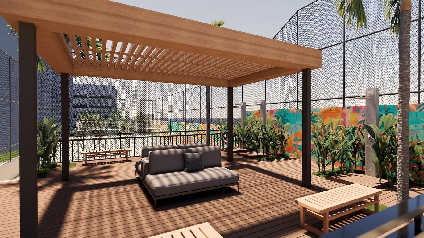 Pergolado e lounge beach com deck