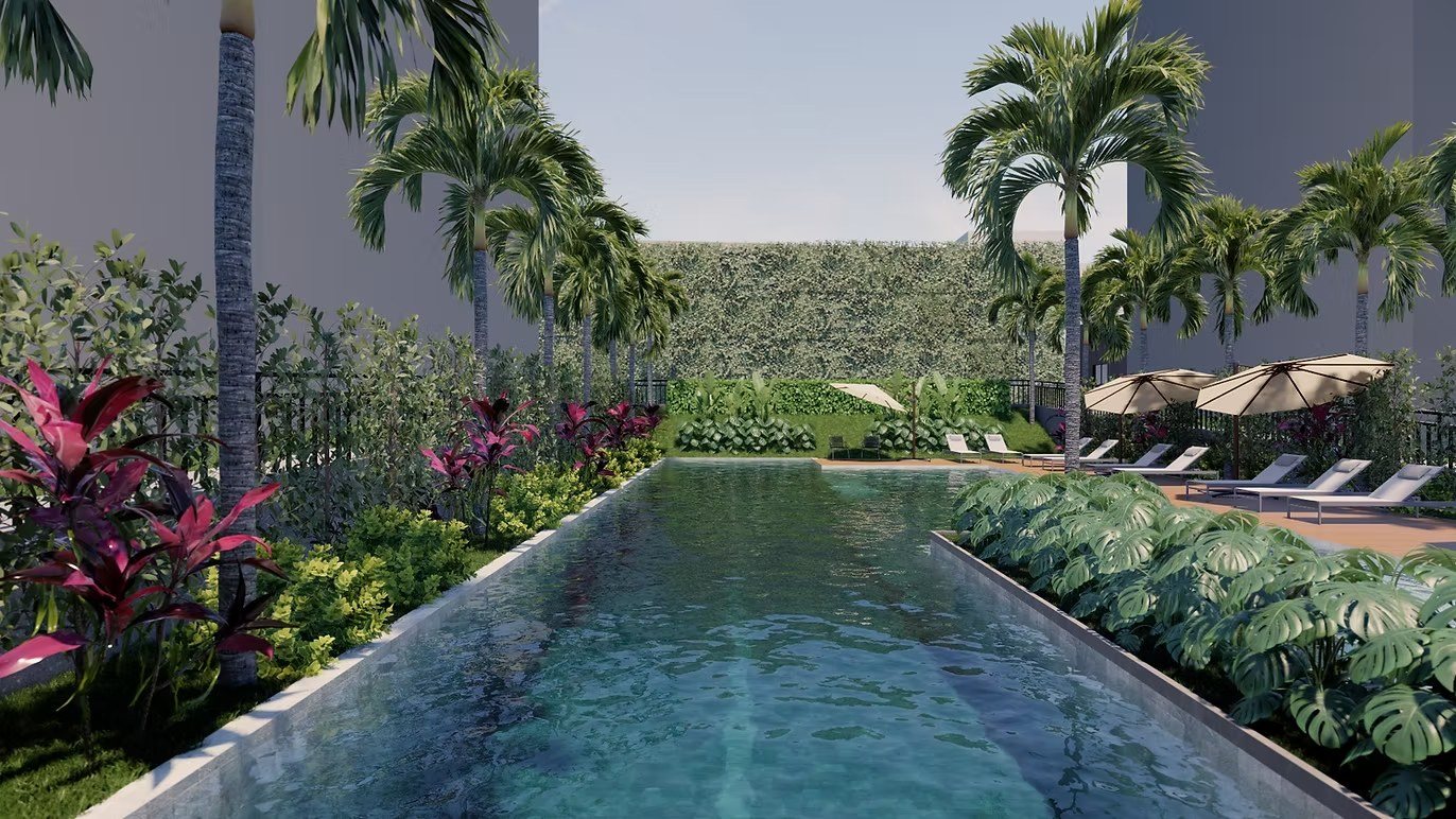 Piscina panorâmica com paisagismo tropical